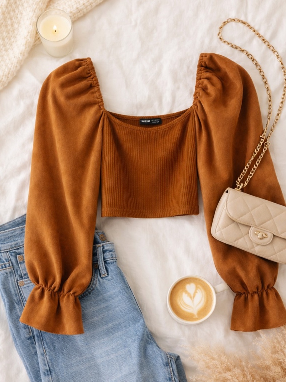 X Brown Puff Sleeve Crop Top | Romantic Aesthetic | Trendy Blouse